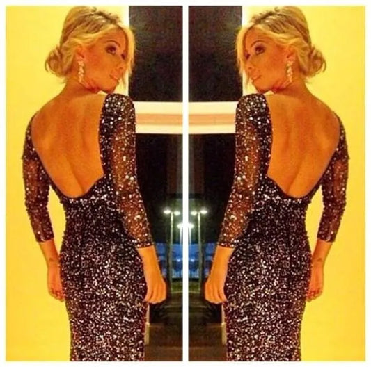 Abito sexy da donna alla moda Abito lungo aderente con maniche lunghe, abito da cocktail senza schienale lucido