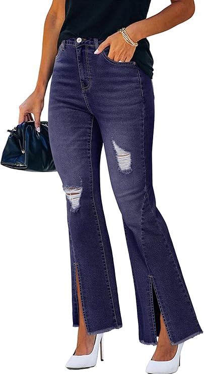 Jeans Strappati a Zampa Vita Alta Gamba Larga