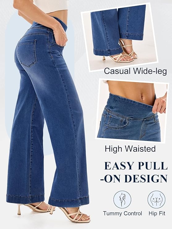 Jeans Donna Vita Alta, Larghi Gamba Larga Baggy Wide Leg Dritti Controllo Pancia Elasticizzati alla Moda con Tasche