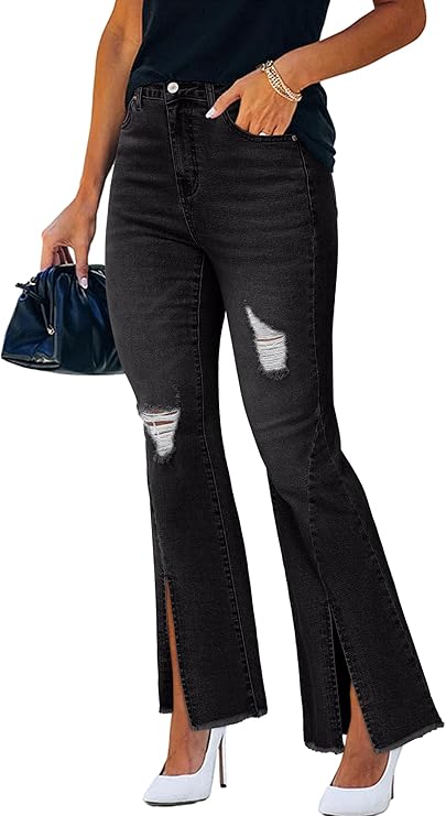 Jeans Strappati a Zampa Vita Alta Gamba Larga