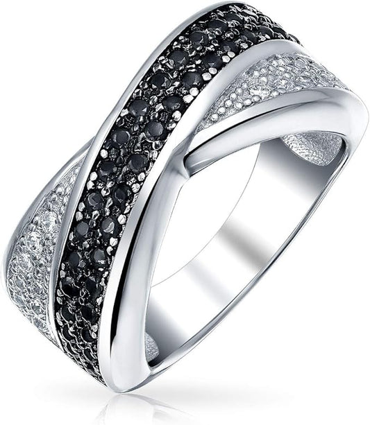 Anello a Fascia Incrociata X con Zirconi Cubici CZ Pavé Bicolore in Argento Sterling .925