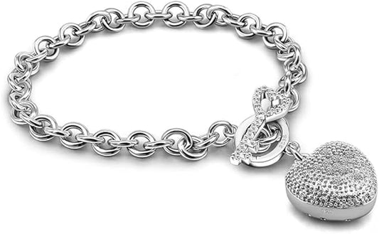 Bracciale largo 6 mm con grande cuore 2 cm e chiave luminosa a maglie in argento 925