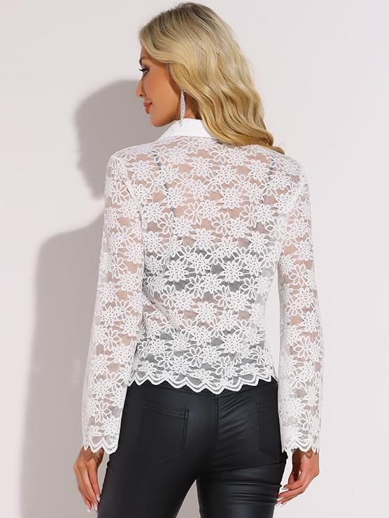 Camicetta Manica Lunga Trasparente Bluse Elegante con Button Top