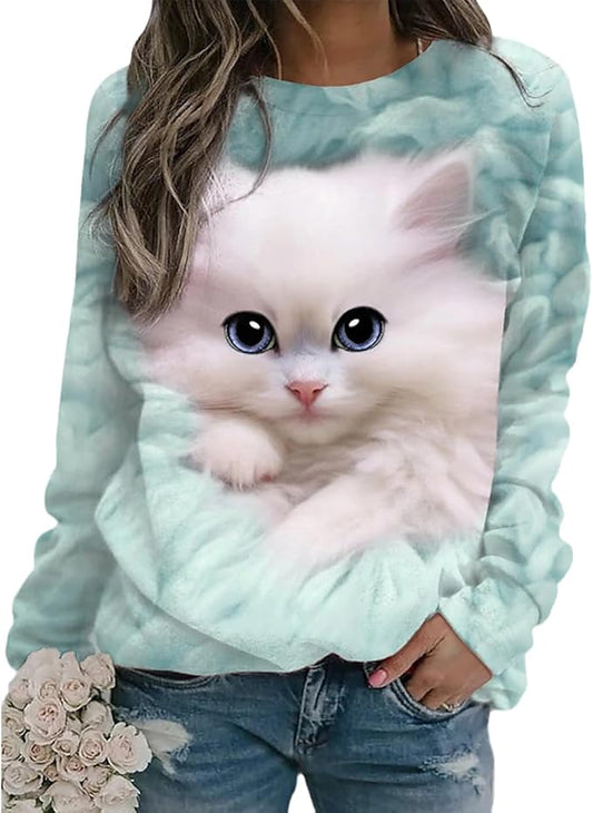 Felpa da Donna con Gatto Camicia a Maniche Lunghe Stampa Animalier Girocollo