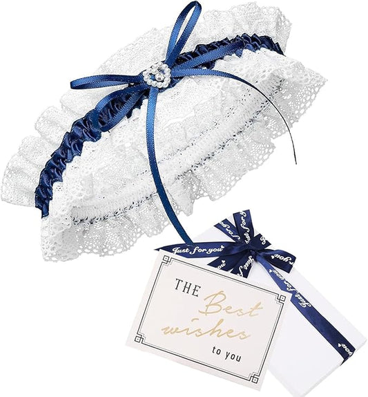 Giarrettiera da Sposa in Blu per Il Matrimonio, Nastro Decorato con Pzzo, Fiocco e Un Cuore