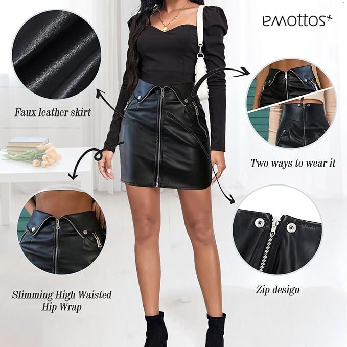 Gonna Pelle Donna, Zip Finta Pelle Elastico Stretch Ecopelle Minigonna Due Modi di Indossare