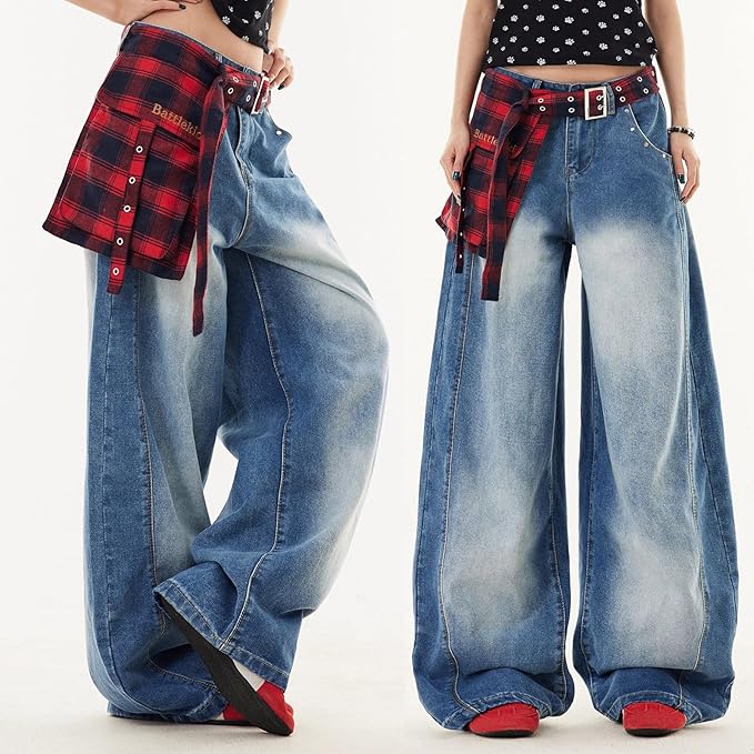 Jeans Baggy da donna a gamba larga, pantaloni in denim