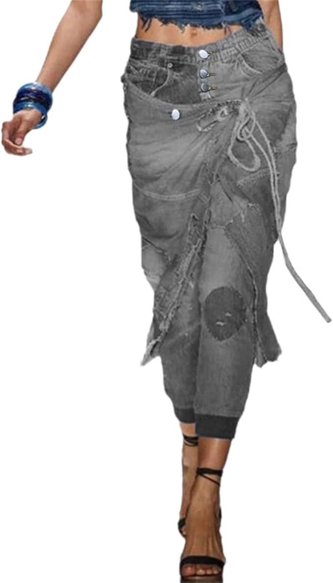 Jeans Lunga Gonna di Jeans a Vita Alta Stretch