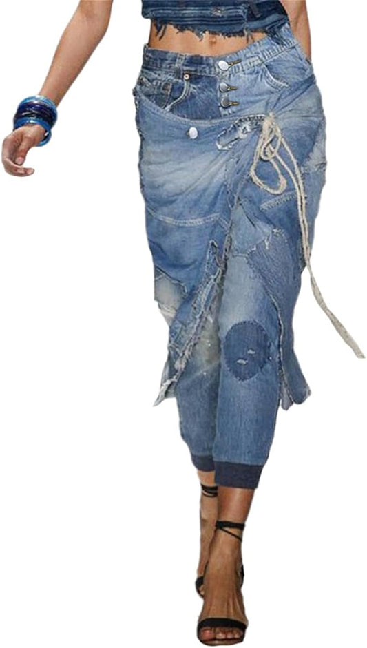 Jeans Lunga Gonna di Jeans a Vita Alta Stretch