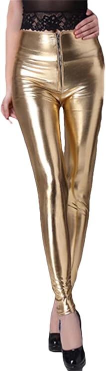 Leggings da donna lucidi in pelle PU con cerniera a vita alta elasticizzati elasticizzati skinny pantaloni a matita stretti