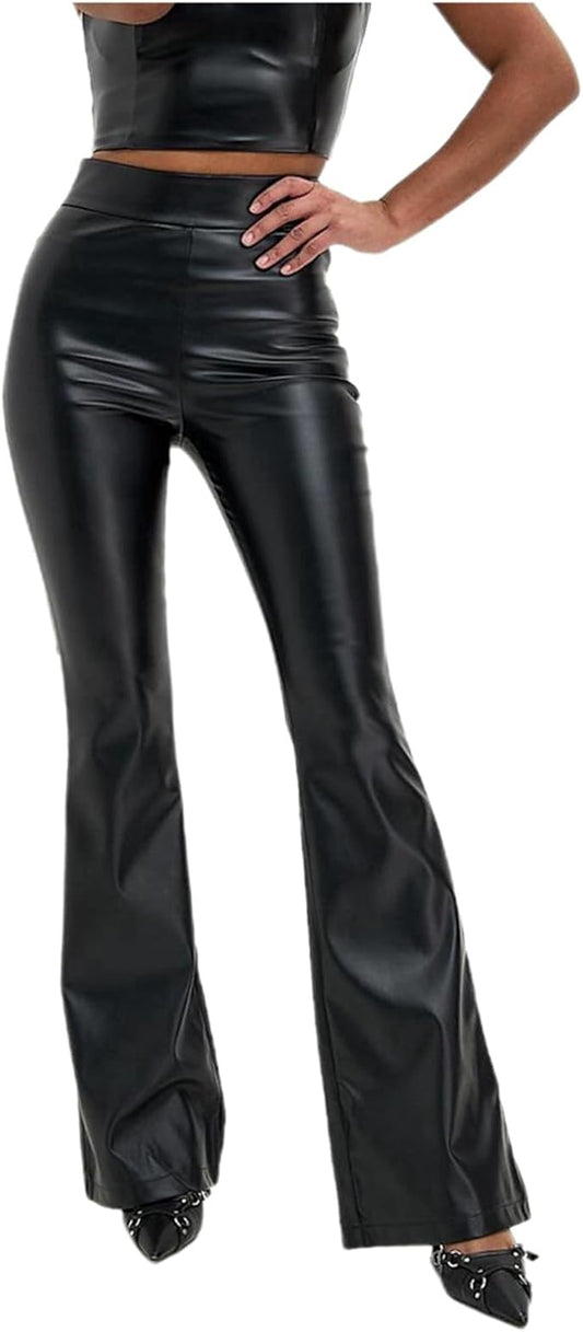 Leggins nero M pantaloni donna in ecopelle a vita alta tinta unita PU lucido pantaloni a zampa slim fit pantaloni cargo donna nero stretch