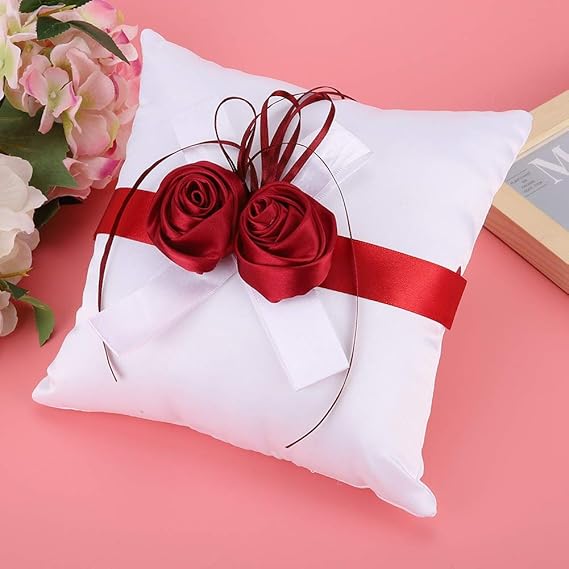 BORDSTRACT Cuscino Per Fedi, Cuscino Per Fedi Nuziali alla Moda Bianco con Nastro di Rose Rosse Calde Artificiali Per Decorare Oggetti di Scena Per Matrimoni