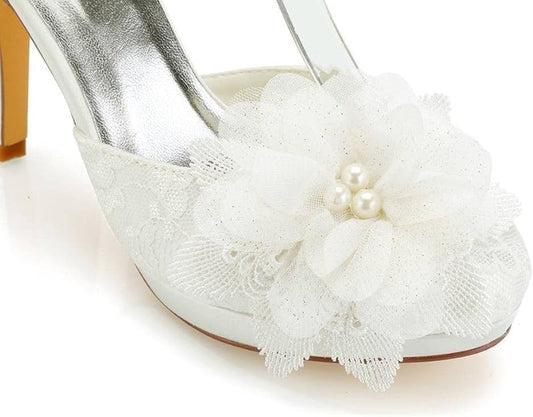Scarpe da Sposa da Punta Chiusa Tacco a Spillo Pizzo Satinato Piattaforma Pompe Raso Fiore Cravatta a Nastro da Sposa