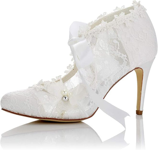 Scarpe da Sposa Punta Chiusa Tacco Alto Raso di Pizzo Pompe Perla Bowknot Cravatta a Nastro