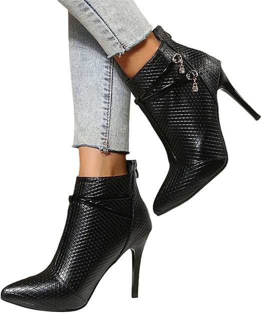 Stivaletti Donna Punta con Tacco a Spillo con Tacco Alto con Zip in Pelle Eleganti Alla Moda