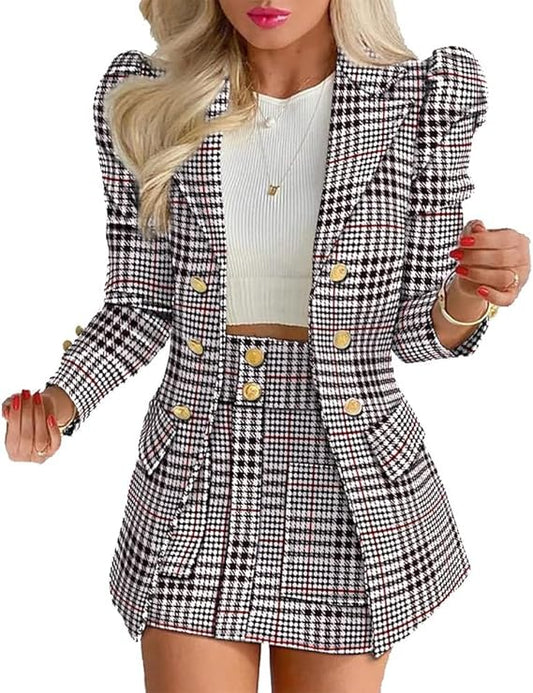 Blazer e Gonna a Vita Alta da Donna Set da 2 Pezzi da Ufficio da Lavoro Casual