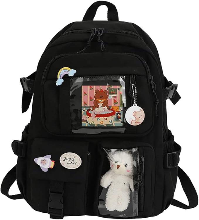 LYEAA Zaino Kawaii con spille e ciondolo a forma di animale di peluche, donne e ragazze, stile preppy in PVC patchwork trasparente, zaino per la scuola, grande capacità