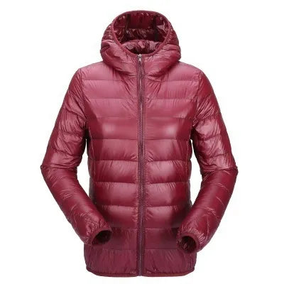 Piumino da donna invernale ultraleggero con cappuccio in piumino d'anatra da donna a maniche lunghe slim con cerniera corta