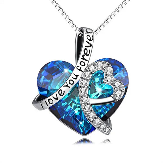 925 Sterling Silver" I Love You Forever .Stupenda collana con cristalli blu donna