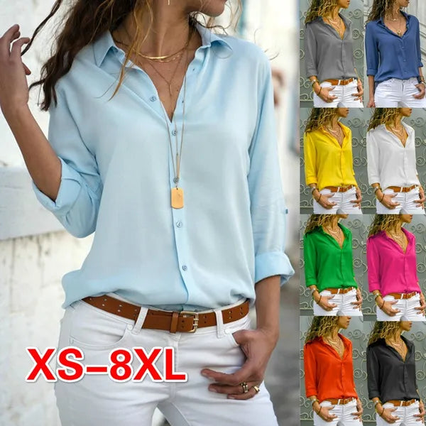 Camicette in chiffon a maniche lunghe con scollo a V a maniche lunghe da donna taglie forti 5XL-S Camicie bianche a tinta unita Camicie da lavoro abbottonate