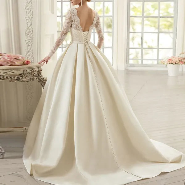 Abiti da sposa in raso con tasche O-collo maniche lunghe abito da sposa in pizzo arabo Robe De Mariee Vestido De Noiva