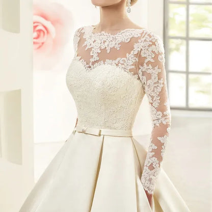 Abiti da sposa in raso con tasche O-collo maniche lunghe abito da sposa in pizzo arabo Robe De Mariee Vestido De Noiva