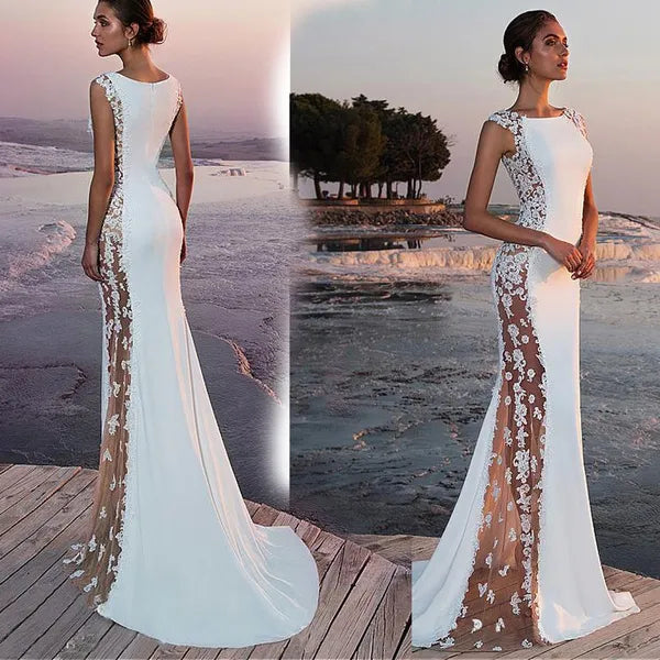 Ever-Pretty Moda Ricamo Abiti formali maxi Primavera Estate Chiffon Abito senza maniche in pizzo Collo alto Lunghezza pavimento Abito lungo bianco Abito da sposa