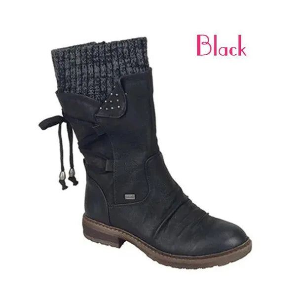 Moda Donna Stivali in pelle scamosciata con tacco grosso al polpaccio Cerniera casual Calda sul retro Stivali con lacci Decorazione Stivali da equitazione vintage con punta tonda Stivali da neve da cowboy Bottines Femme