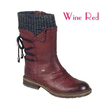 Moda Donna Stivali in pelle scamosciata con tacco grosso al polpaccio Cerniera casual Calda sul retro Stivali con lacci Decorazione Stivali da equitazione vintage con punta tonda Stivali da neve da cowboy Bottines Femme