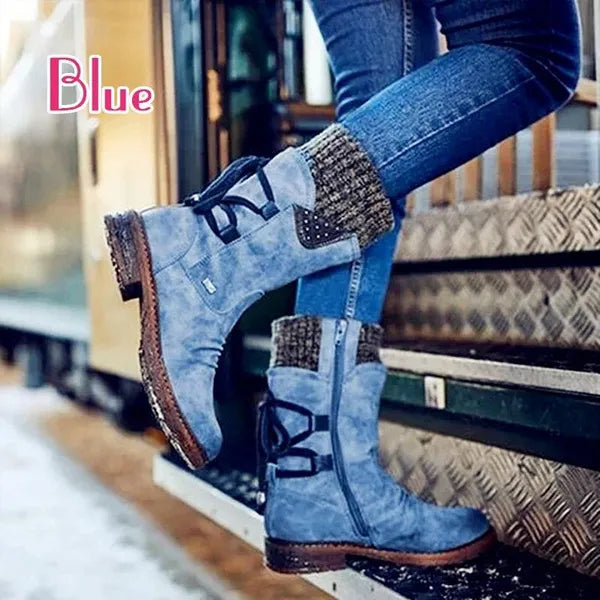 Moda Donna Stivali in pelle scamosciata con tacco grosso al polpaccio Cerniera casual Calda sul retro Stivali con lacci Decorazione Stivali da equitazione vintage con punta tonda Stivali da neve da cowboy Bottines Femme