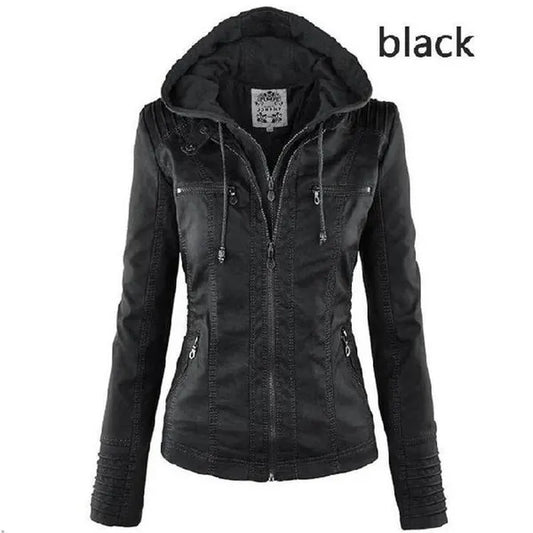 Giacca in pelle da donna Cappotto corto Giacca invernale da donna in ecopelle Giacca da motociclista in pelle scamosciata nera da donna con cappuccio