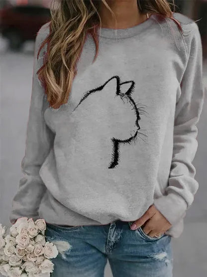 Felpe senza cappuccio con gatto carino Stampa di moda Pullover autunnali invernali a maniche lunghe casual da donna Top per adolescenti