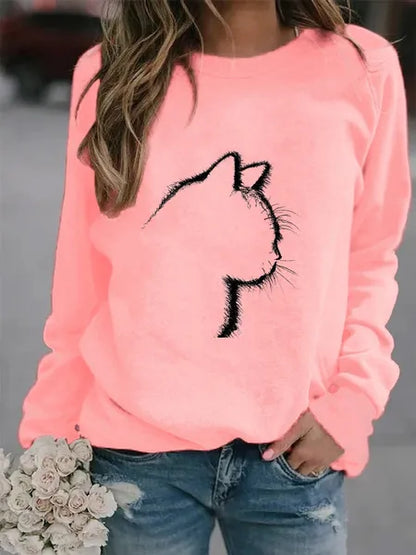 Felpe senza cappuccio con gatto carino Stampa di moda Pullover autunnali invernali a maniche lunghe casual da donna Top per adolescenti