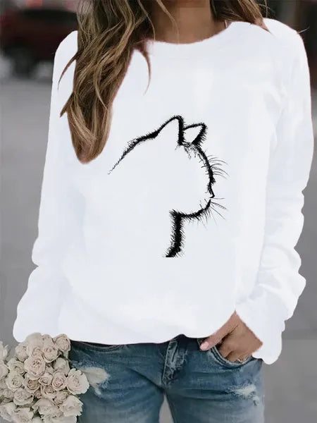 Felpe senza cappuccio con gatto carino Stampa di moda Pullover autunnali invernali a maniche lunghe casual da donna Top per adolescenti