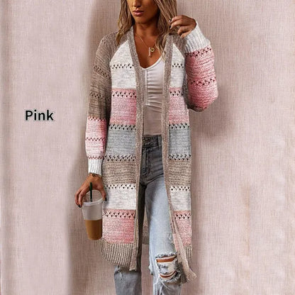 Cappotto in maglione cardigan da donna di nuova moda, comodo ed elegante, cuciture a maniche lunghe, maglione patchwork a righe, cardigan lungo casual femminile, autunno inverno