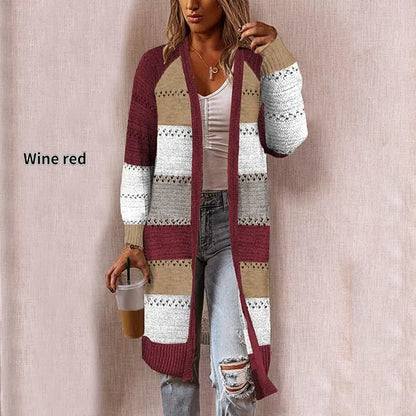 Cappotto in maglione cardigan da donna di nuova moda, comodo ed elegante, cuciture a maniche lunghe, maglione patchwork a righe, cardigan lungo casual femminile, autunno inverno