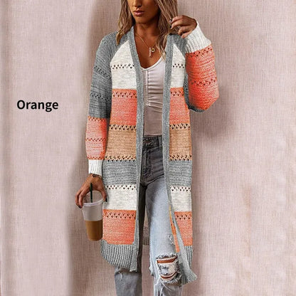 Cappotto in maglione cardigan da donna di nuova moda, comodo ed elegante, cuciture a maniche lunghe, maglione patchwork a righe, cardigan lungo casual femminile, autunno inverno