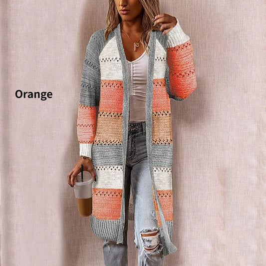 Cappotto in maglione cardigan da donna di nuova moda, comodo ed elegante, cuciture a maniche lunghe, maglione patchwork a righe, cardigan lungo casual femminile, autunno inverno