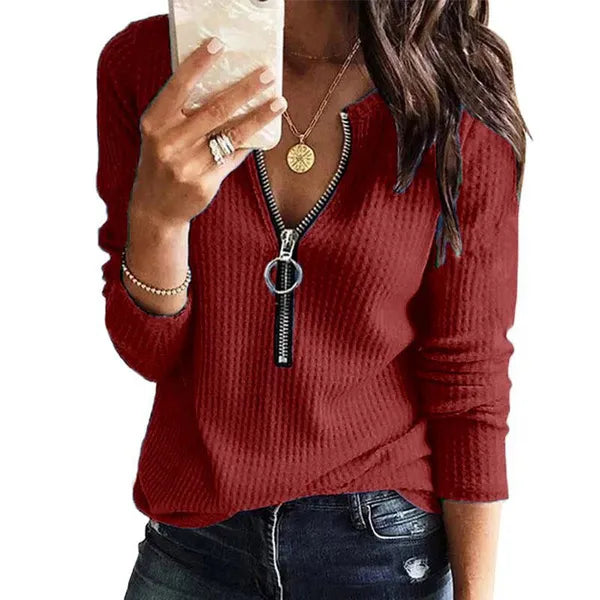 Autunno e inverno Moda donna Pullover lavorato a maglia Maglione sottile Camicia casual con scollo a V con cerniera Top Camicia a maniche lunghe Camicetta a righe patchwork Top taglie forti