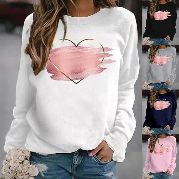 Maglione girocollo stampato amore battito cardiaco moda donna casual sportivo tasca esterna manica lunga felpe senza cappuccio taglie forti