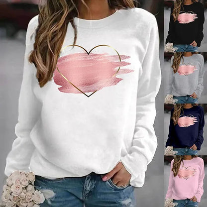 Maglione girocollo stampato amore battito cardiaco moda donna casual sportivo tasca esterna manica lunga felpe senza cappuccio taglie forti