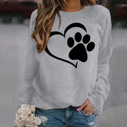 Felpe con stampa zampa di cane moda Autunno Inverno Manica lunga Girocollo Maglione casual Felpa senza cappuccio da donna