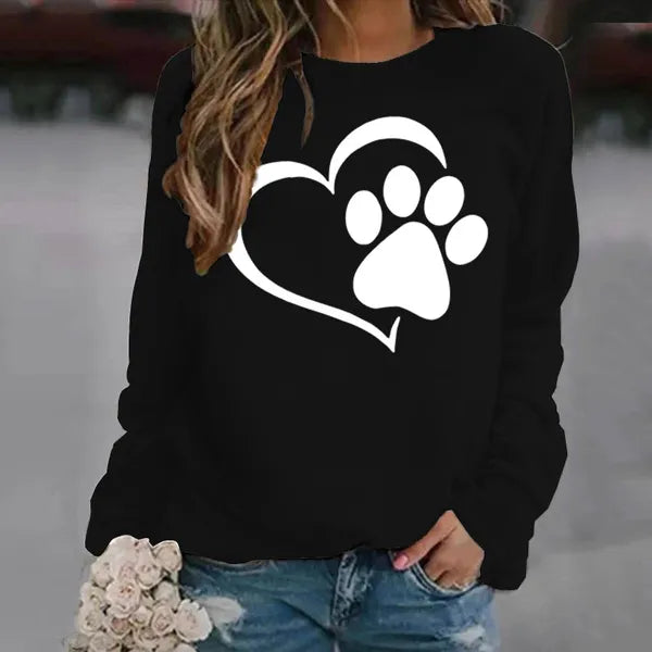 Felpe con stampa zampa di cane moda Autunno Inverno Manica lunga Girocollo Maglione casual Felpa senza cappuccio da donna