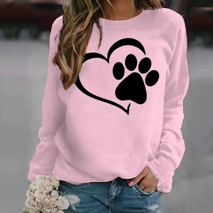 Felpe con stampa zampa di cane moda Autunno Inverno Manica lunga Girocollo Maglione casual Felpa senza cappuccio da donna