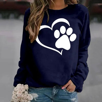 Felpe con stampa zampa di cane moda Autunno Inverno Manica lunga Girocollo Maglione casual Felpa senza cappuccio da donna