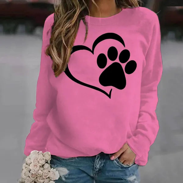 Felpe con stampa zampa di cane moda Autunno Inverno Manica lunga Girocollo Maglione casual Felpa senza cappuccio da donna