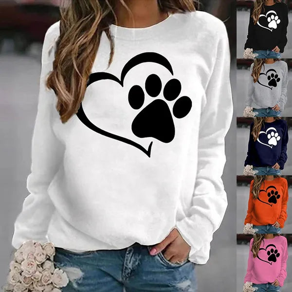 Felpe con stampa zampa di cane moda Autunno Inverno Manica lunga Girocollo Maglione casual Felpa senza cappuccio da donna