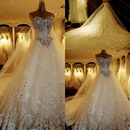 Abito da sposa Royal Train di lusso Abiti da sposa Perline pesanti Strass Arabia Abiti da sposa Abiti da ballo senza maniche