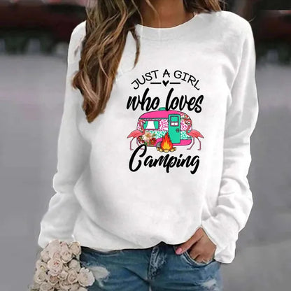 Stampa di moda Solo una ragazza che ama la felpa da campeggio per le donne Autunno e inverno Casual Sport Donna Girocollo Pullover senza cappuccio Top