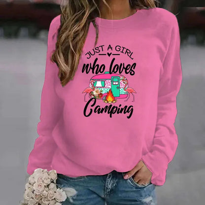 Stampa di moda Solo una ragazza che ama la felpa da campeggio per le donne Autunno e inverno Casual Sport Donna Girocollo Pullover senza cappuccio Top